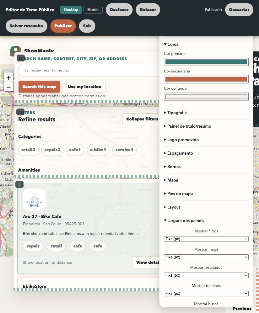 Screenshot of visual theme editor with side panel, map, and live result cards.